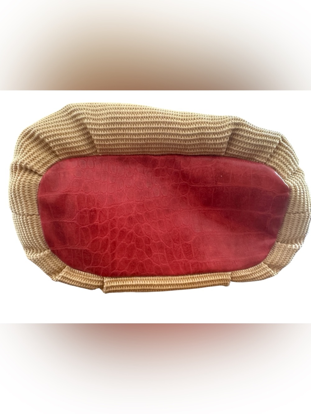 Vintage Bueno Y2K Woven Straw Gathered Hobo Bag Red Orange Faux Leather Rosette - Picture 3 of 8